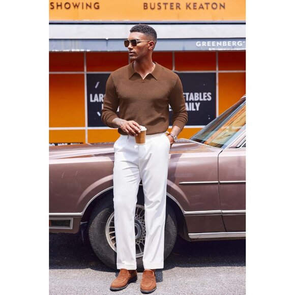 Men's Knit Polo Sweater V-Neck Long Sleeve Dress Pullover Fall Sweater Coffee - Picture 5 of 5